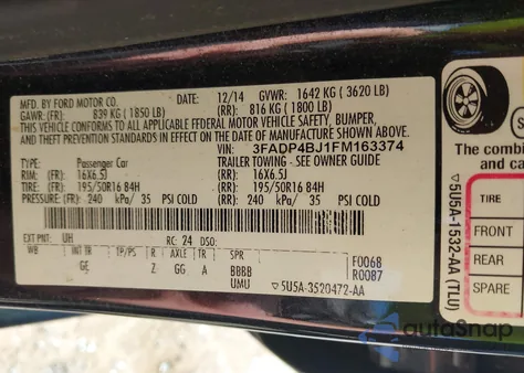 2015 Ford Fiesta Se из США, поврежденный, VIN 3FADP4BJ1FM163374